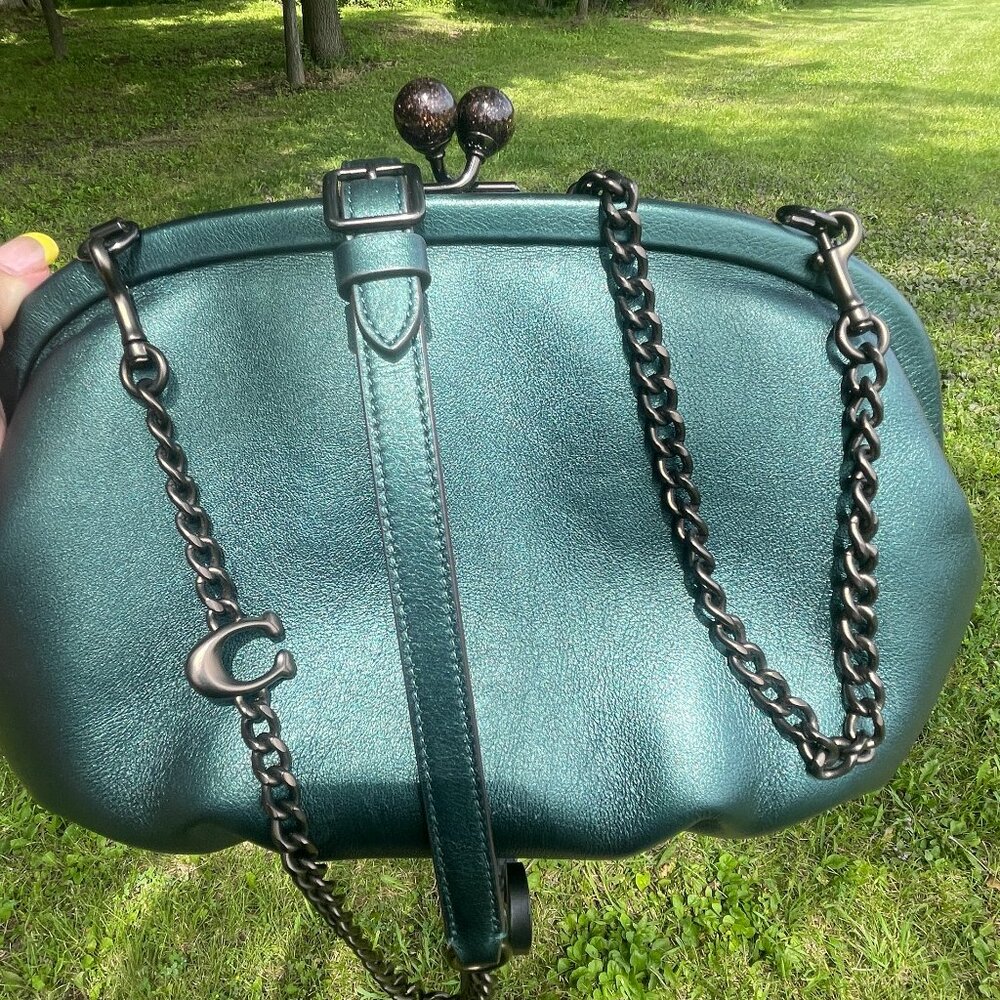 Coach Kisslock Clutch Dark Green Metallic Leather Convertible CB Bag C6624